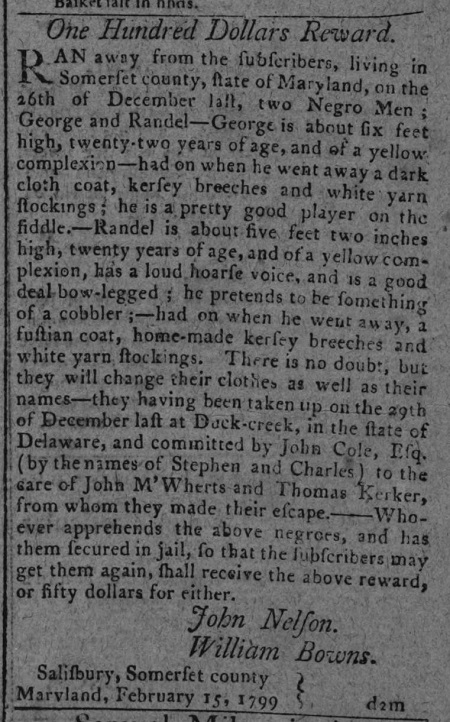 April 1799 Maryland advertisement for runaway slaves George and Randel.